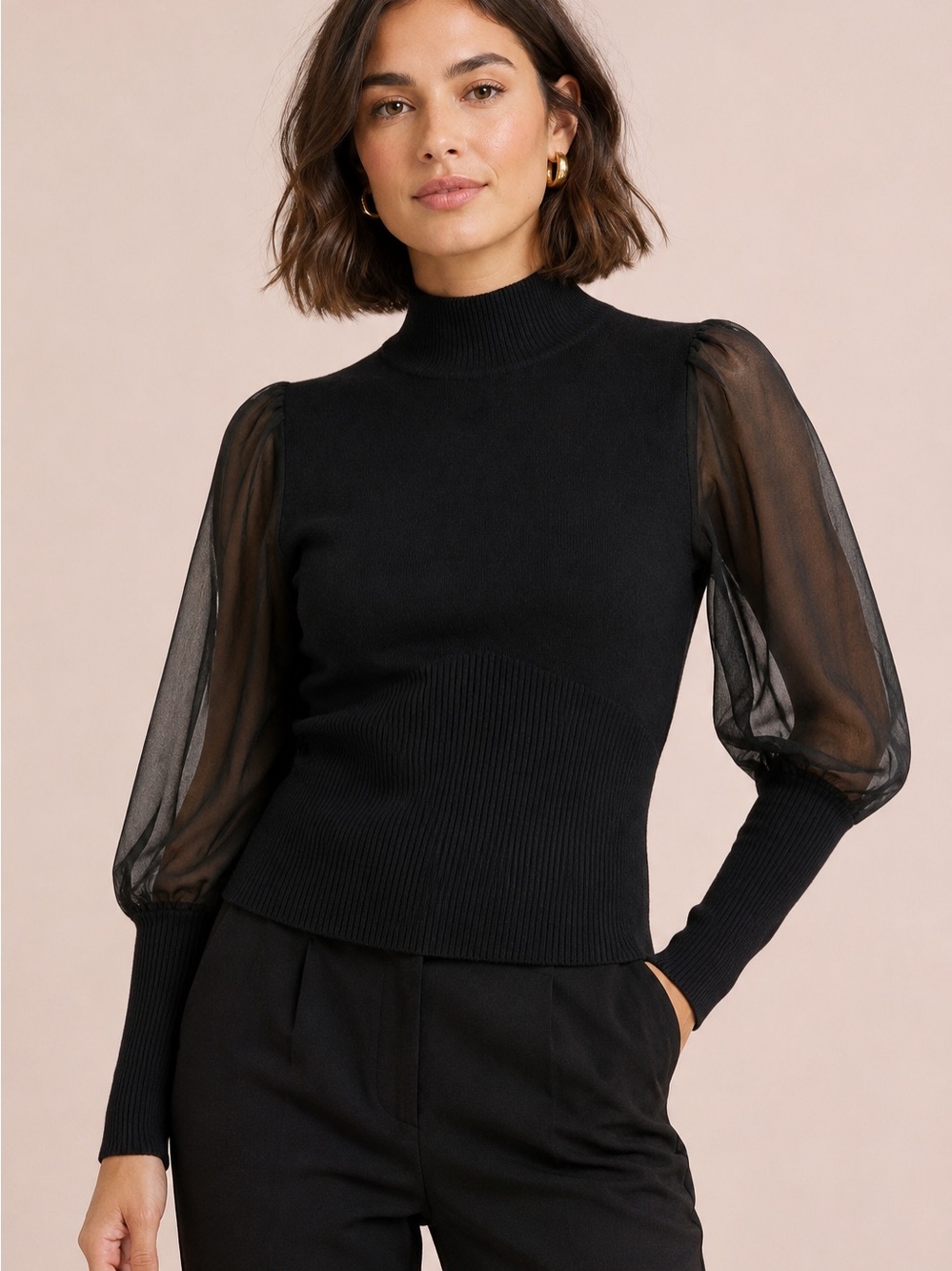 Almost Famous Black top with sheer sleeves Sz M